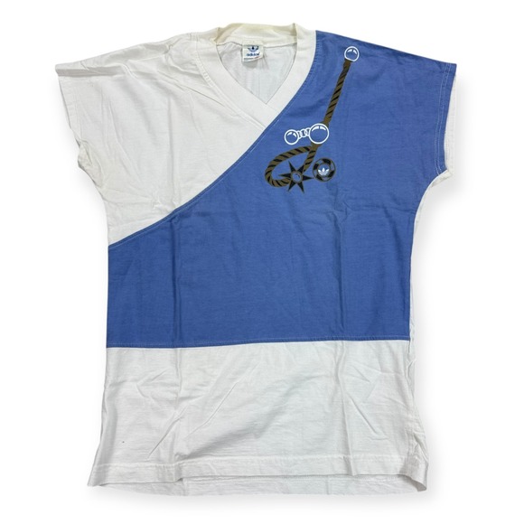adidas Tops - Vintage Adidas Shirt Women's Medium White Blue V-Neck Nautical Short‎ Sleeve